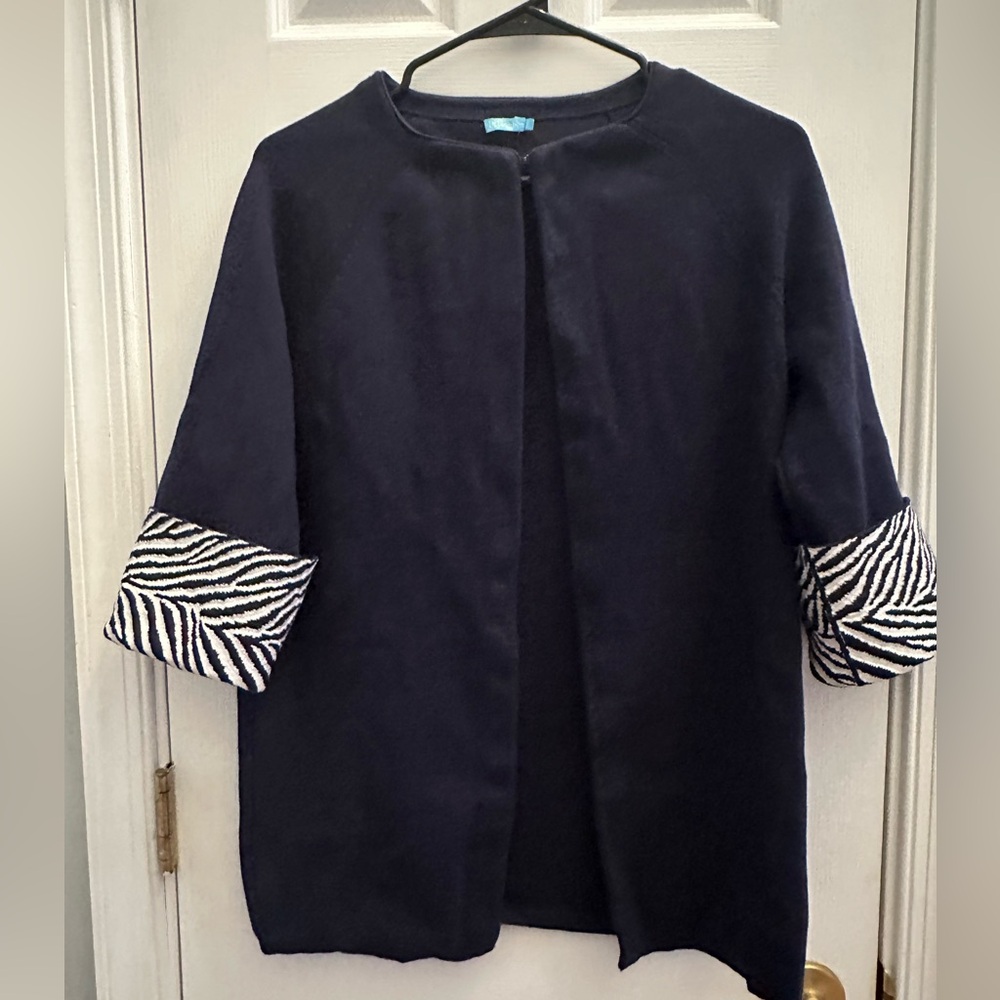 J McLaughlin Sweater Womens Small Navy Blue White Open Front Cardigan Drape